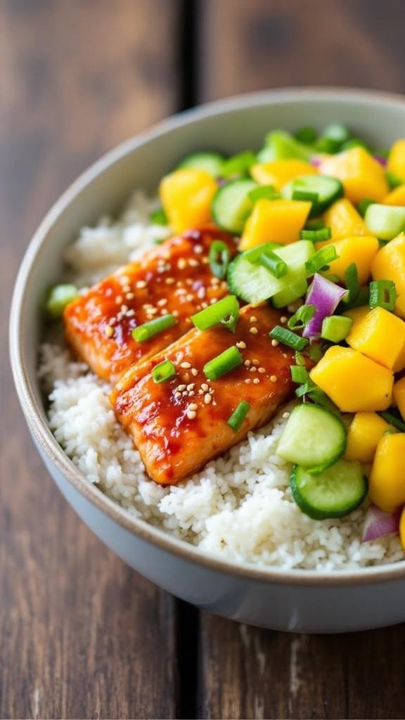 Sticky Gochujang Salmon Bowls with Mango-Cucumber Salad Sticky gochujang salmon bowl with rice and mango-cucumber salad, garnished with green onions and sesame seeds.